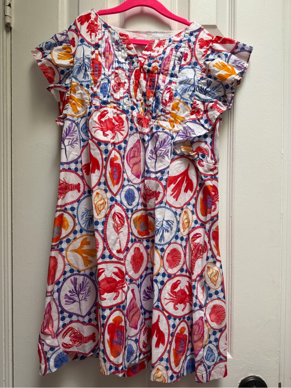 Janie and Jack White Dress with Red, Blue, Yellow and Purple Sea Life Print